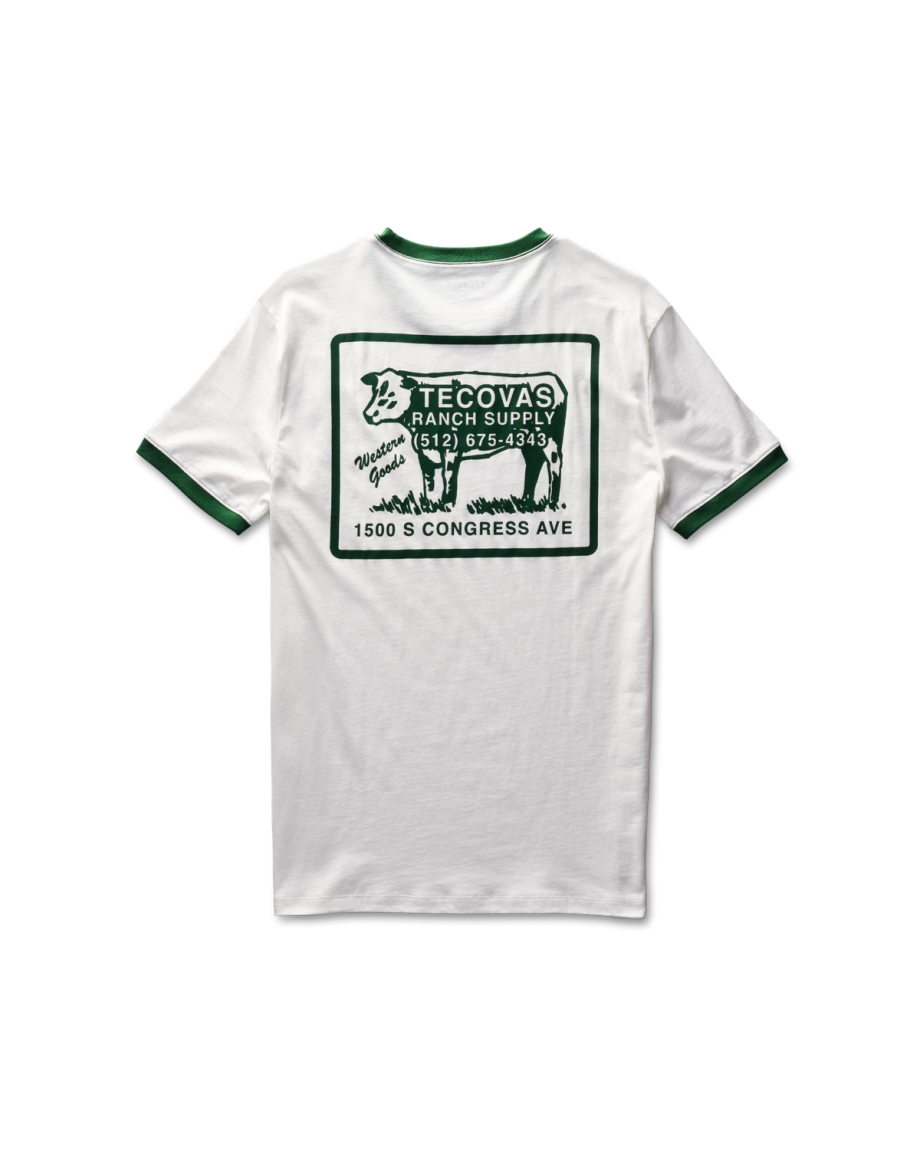 Back view of Men's Tecovas Ranch Supply Ringer Tee - Bone/Green on plain background