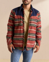 Closeup detail view of Men's Wildcat Pearl Snap Shacket - Brick Multi Stripe/Denim