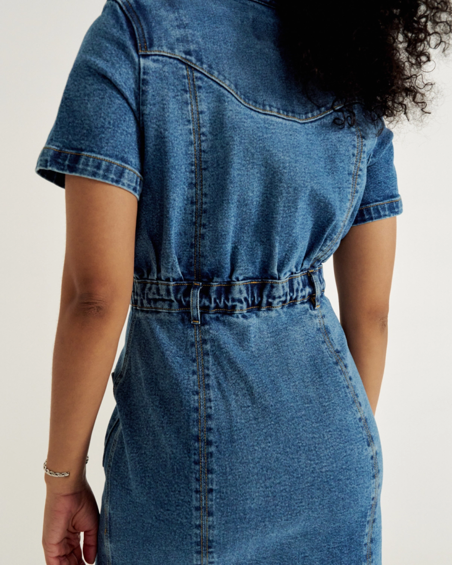 Closeup detail view of Women's S/S Denim Dress - Medium Wash