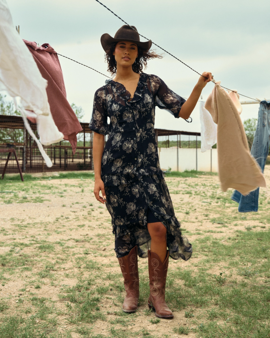 View of Women's Elbow-Length Maxi Dress - Black / White