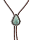 Closeup detail view of Iron Lamb Turquoise Drop Bolo - Turquoise/Brown
