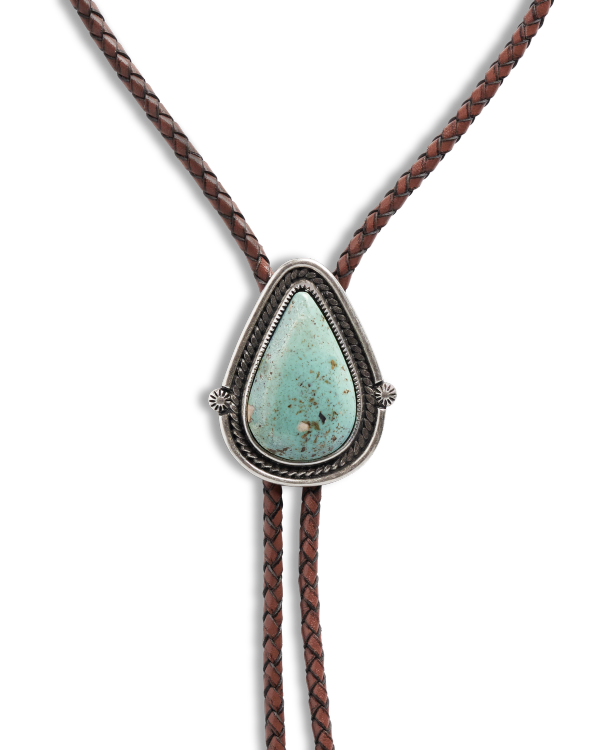 Closeup detail view of Iron Lamb Turquoise Drop Bolo - Turquoise/Brown