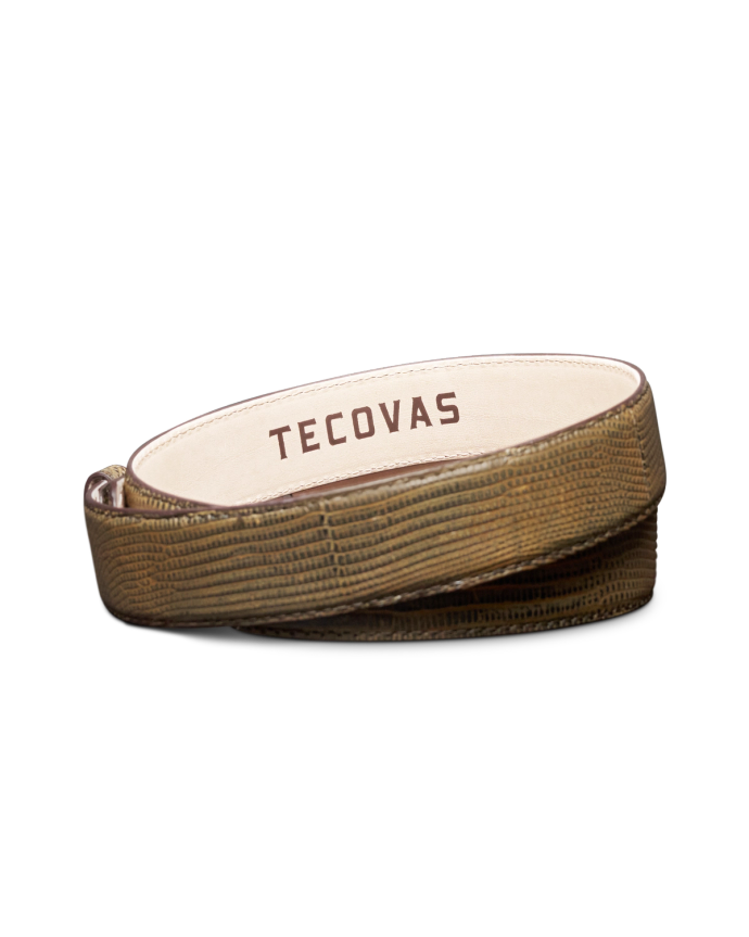 Back view of Men's Lizard Belt II - Burnt Cedar on plain background