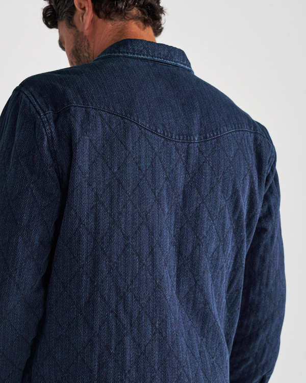 Back view of Men's Quilted Herringbone Shacket - Indigo on model