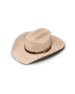 Beige cowboy hat with a brown decorative band and silver buckle, displayed on a white background.