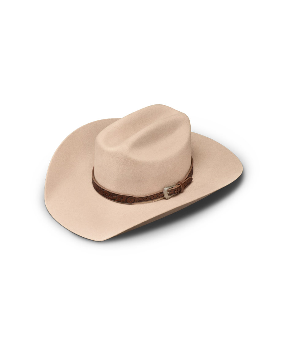 Beige cowboy hat with a brown decorative band and silver buckle, displayed on a white background.