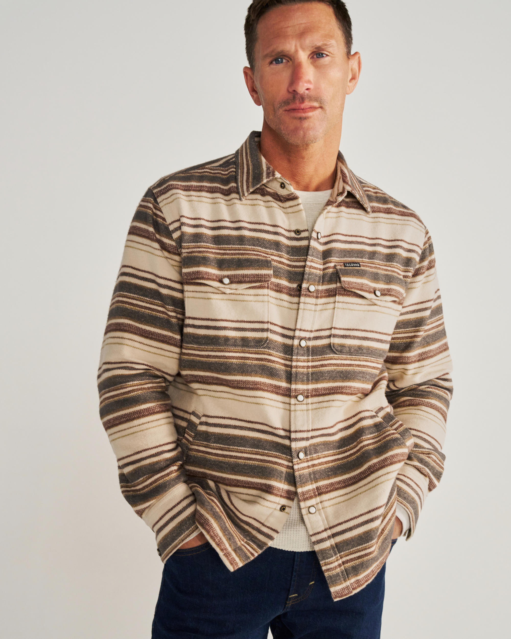 Front view of Men's Blanket CPO Shacket - Khaki / Multi on model