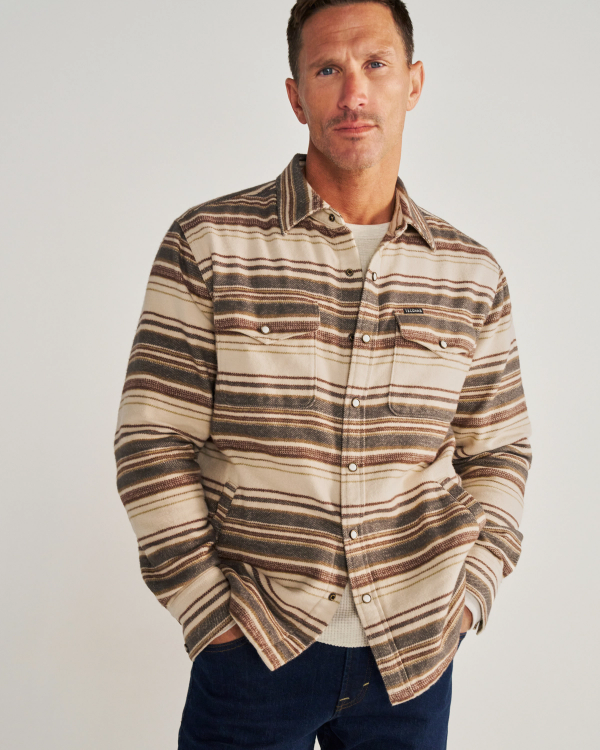 Front view of Men's Blanket CPO Shacket - Khaki / Multi on model