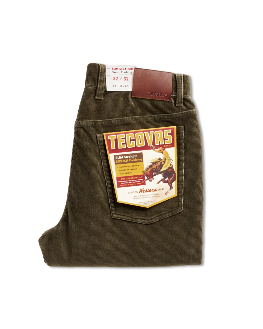 Folded view of Men's Slim Straight Stretch Corduroy - Dark Olive on plain background