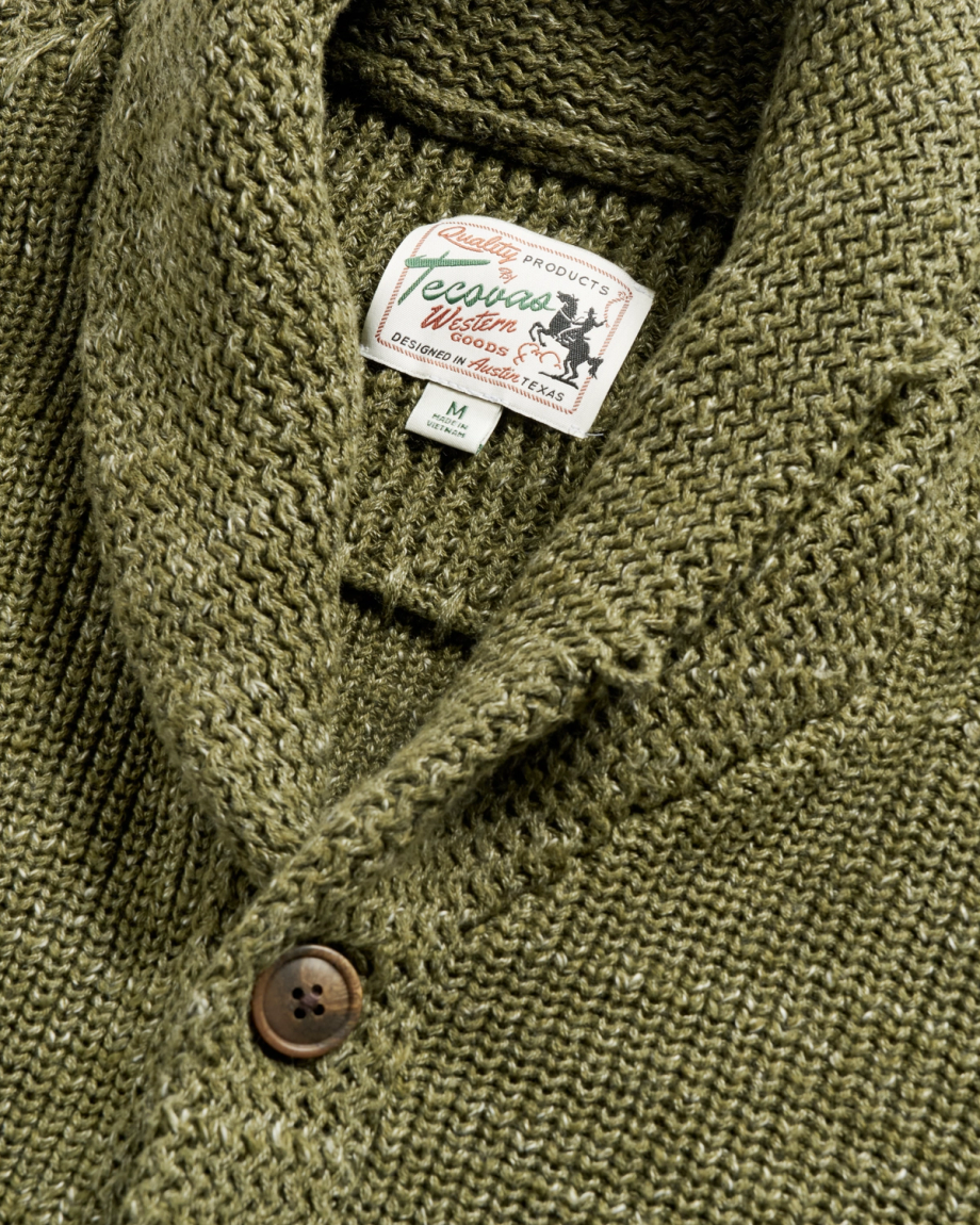 Closeup detail view of Men's Shawl Collar Cardigan Sweater - Olive