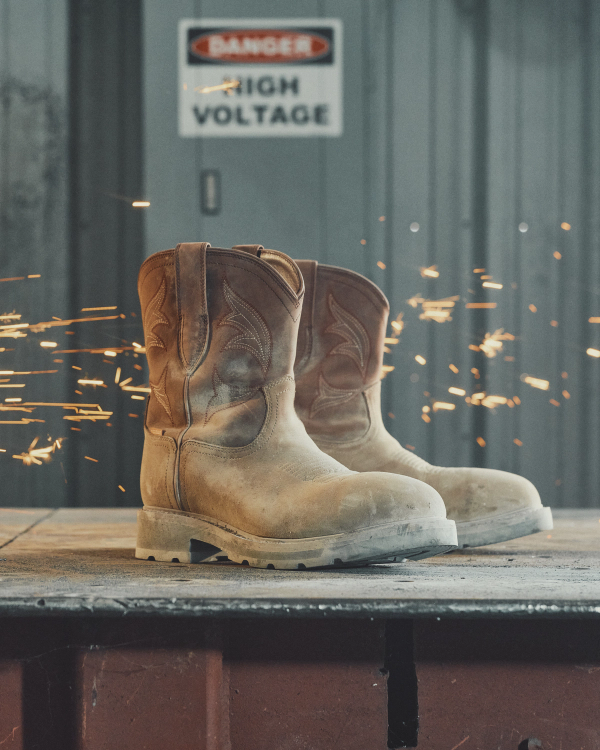 Toe view of The LH WP Round Comp Toe Work Boot - Tan / Cafe Cowhide on plain background