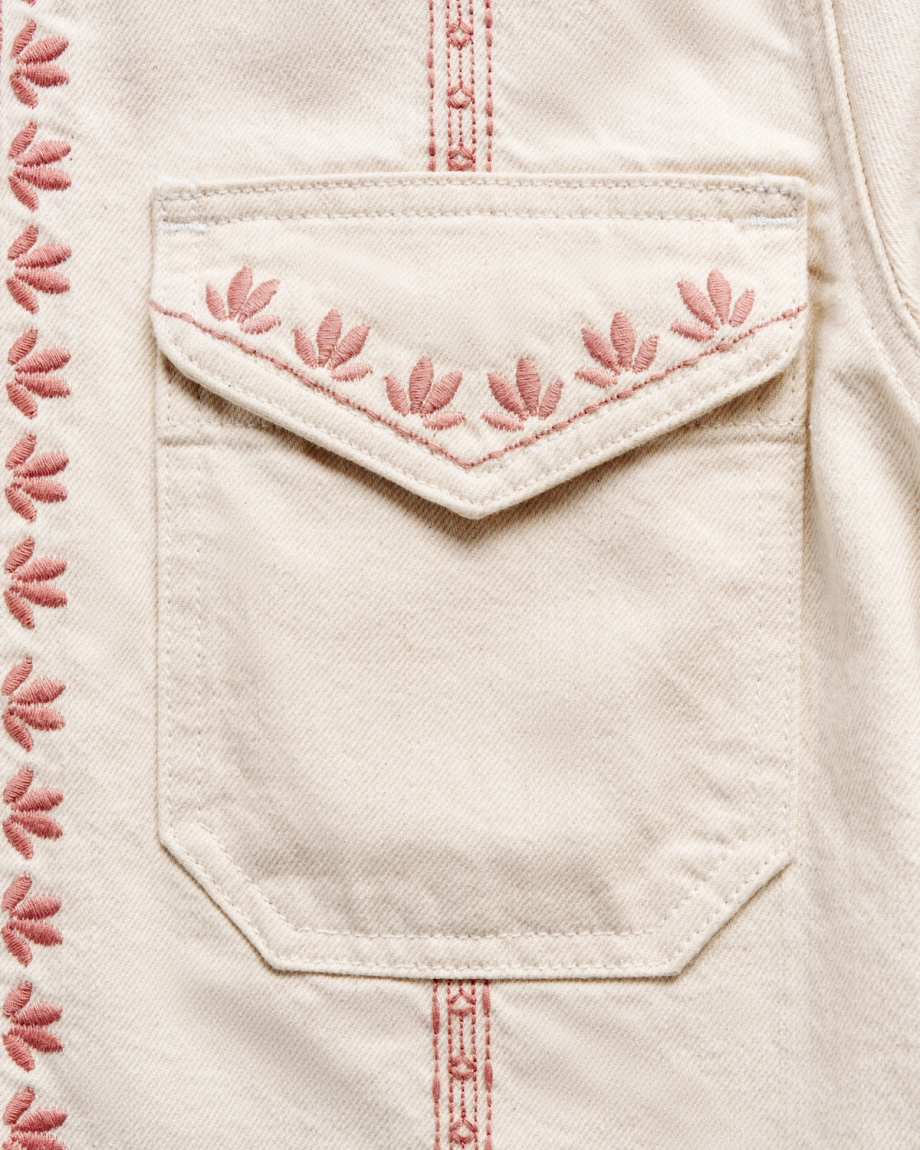 Closeup view of Women's Embroidered Mechanic's Jacket - Natural Denim