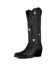 The Annie in Midnight Cowhide. Black leather cowboy boot crafted from premium Midnight Cowhide, featuring embroidered patterns and small heart-shaped cutouts on the shaft, shown against a plain white background.