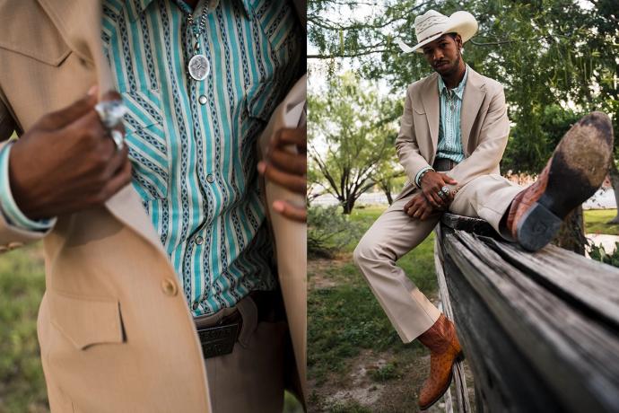 split photo, man in suit jacket and button down, man on railing