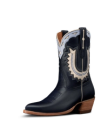 Quarterfront view of The Jolene - Atlantic Blue/Chambray Cowhide on plain background
