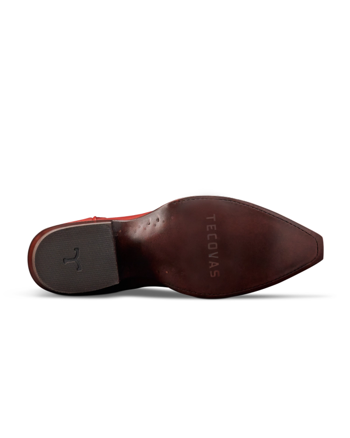 Sole view of The Booth Boot - Chili's Booth Red Vinyl on plain background