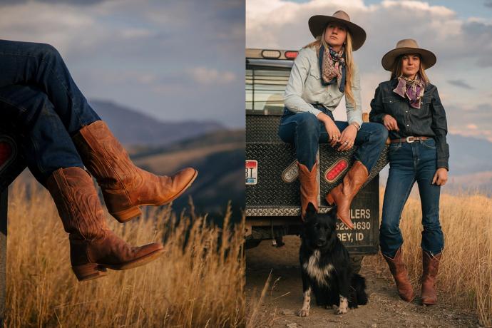 split screen woman wearing brown boots, two women by a truck