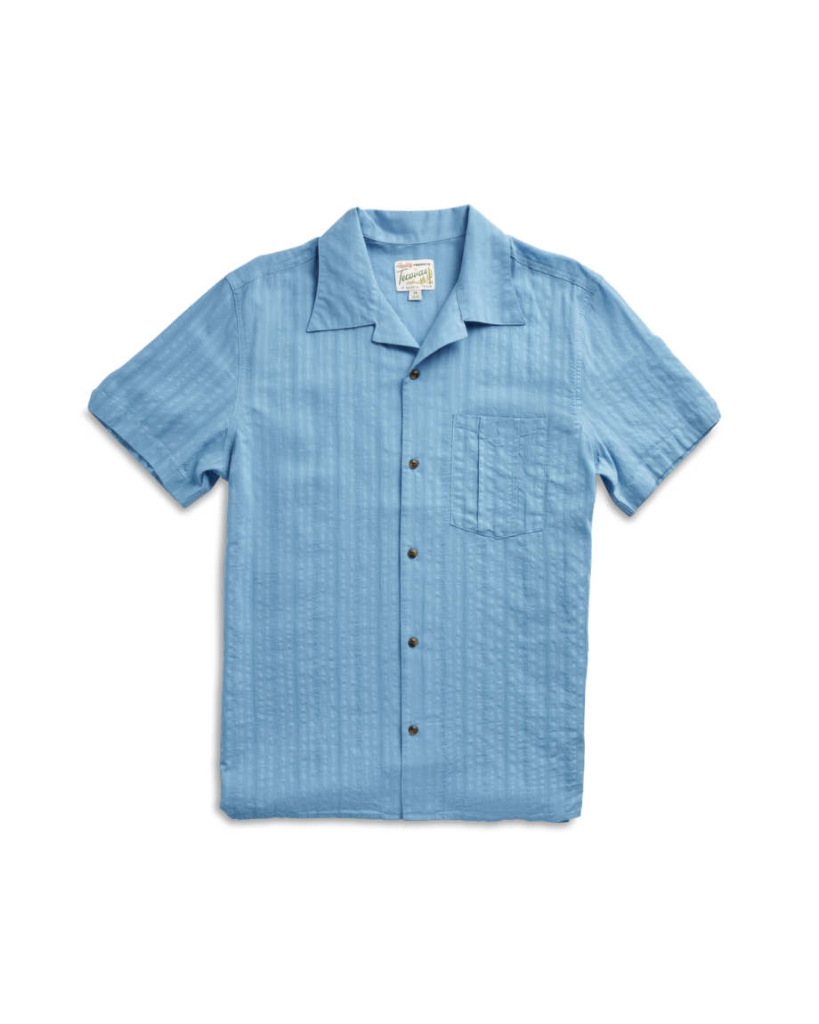 Closeup detail view of Men's Dobby Camp Short Sleeve Shirt - Light Blue