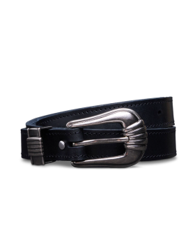Coiled image of the black art deco three piece belt on a plain background