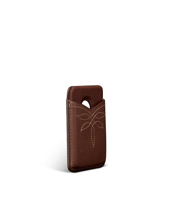 Quarterfront view of Cowhide MagSafe Card Holder - Brown on plain background