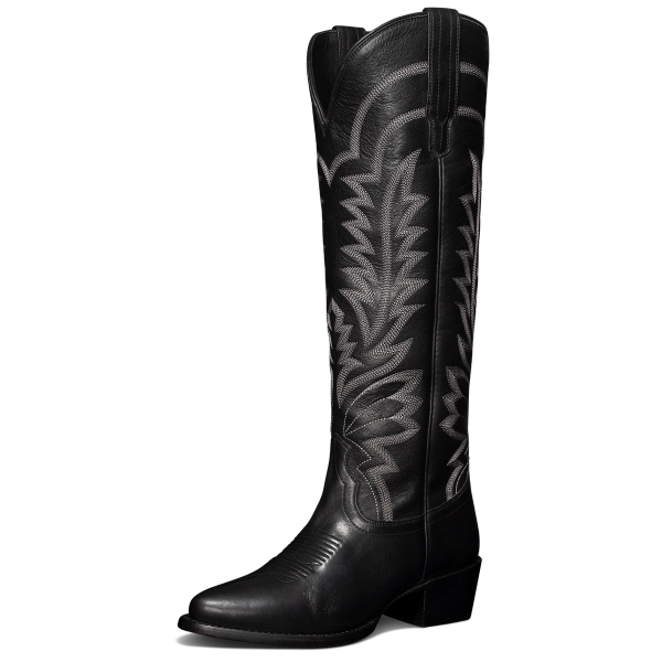 Black cowboy boot with intricate white stitching and a pointed toe.