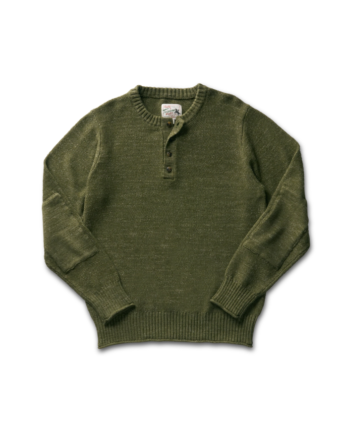 Front view of Men's Henley Sweater - Olive Heather on plain background