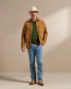 Full view of Men's Goat Suede Sawtooth Overshirt - Tan on model