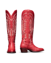 The Abby Wide Calf in Crimson Cowhide. A pair of tall Crimson Cowhide cowboy boots with white decorative stitching and angled heels, shown from the front and side on a white background.