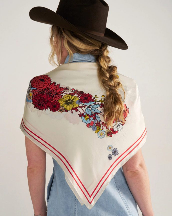 Back view of Horseshoe Wild Rag - Cream/Multi on model