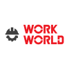 A gray gear helmet icon next to the red text "WORK WORLD" with stylized letters, on a white background.