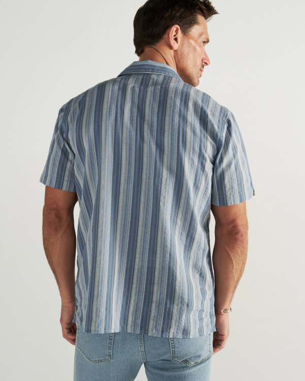 Back view of Men's Dobby Camp Shirt - Atlantic/Chambray on model