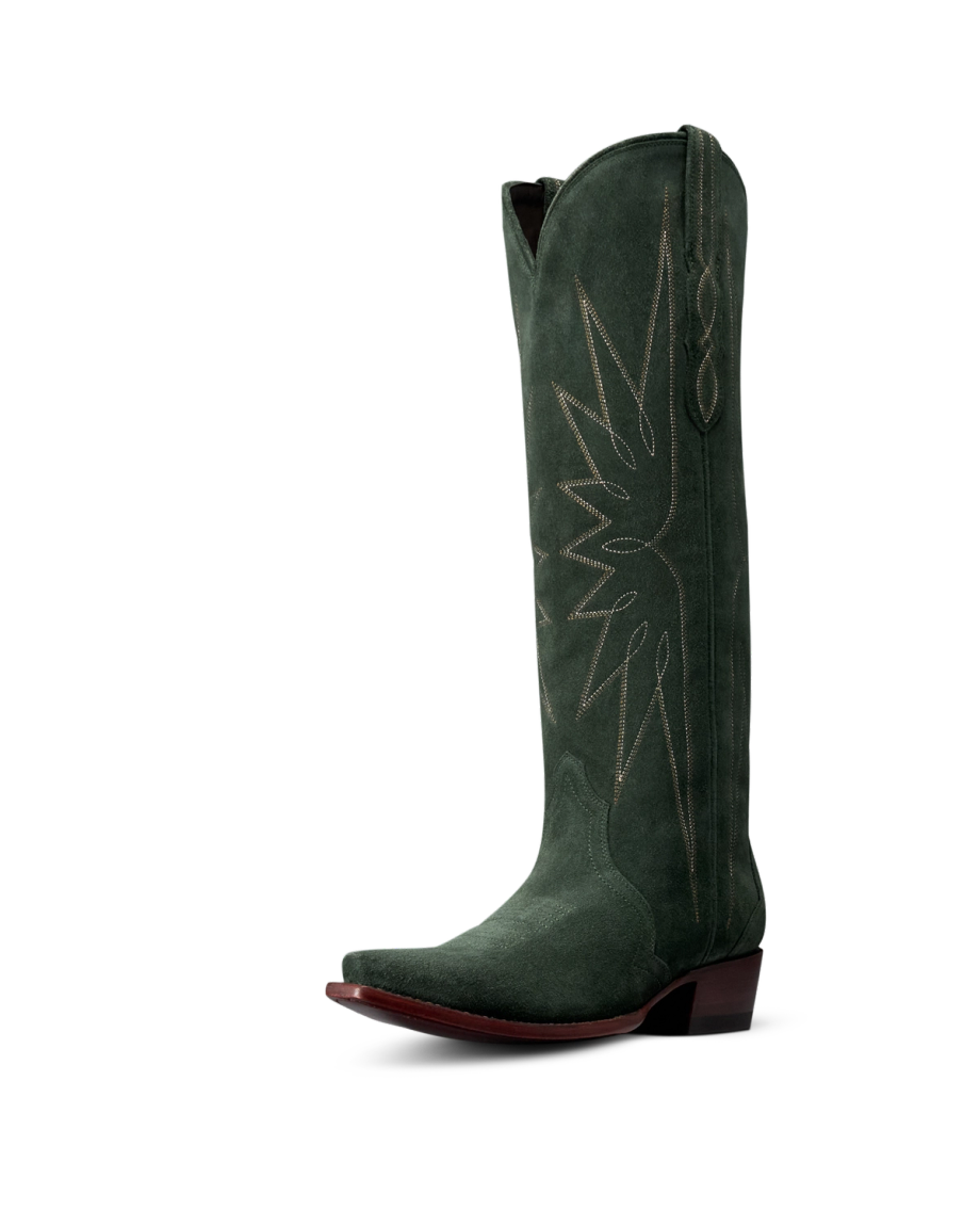 Quarterfront view of The Loretta - Hunter Green Suede on plain background