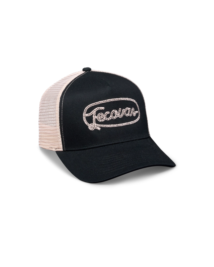 Quarterfront view of Tecovas Rope Trucker - Cream / Black on plain background