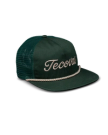 Quarterfront view of Tecovas Flat Brim Trucker - Dark Green on plain background