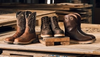 Three pairs of brown work boots, each with distinct designs, are displayed on wooden pallets and boards.