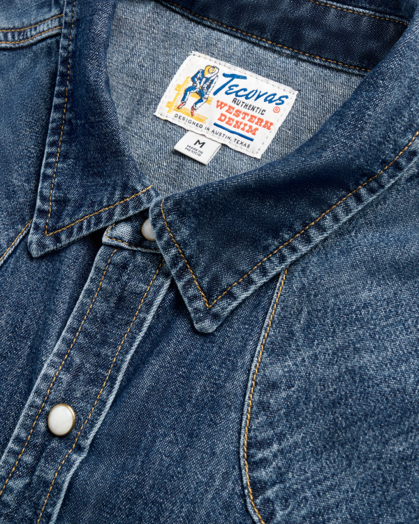 Closeup detail view of Men's Long Sleeve Denim Pearl Snap - Dark Wash