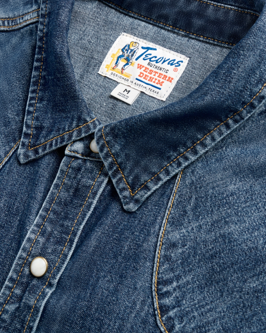 Closeup detail view of Men's Long Sleeve Denim Pearl Snap - Dark Wash