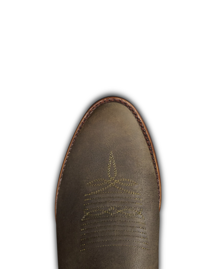 Toe view of The Tecovas x Mossy Oak Buck - Canteen Cowhide on plain background