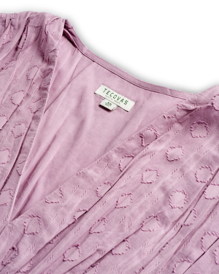 Closeup detail view of Women's Mini V-Neck Ruched Dobby Dress - Lavender