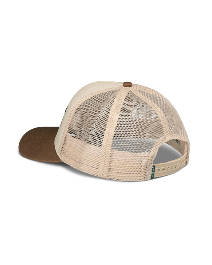 Quarterback view of Roadrunner Trucker - Cream/Tan on plain background