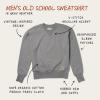 Diagram of the men's old school sweatshirt in gray heather showing it's unique selling points