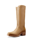 Quarterfront view of The Charlie Wide Calf - Camel Cowhide on plain background