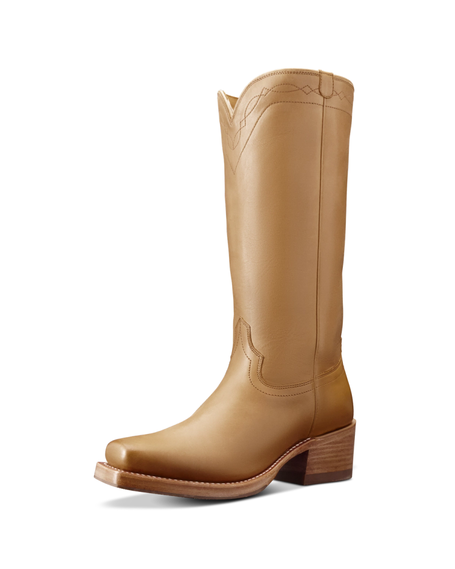Quarterfront view of The Charlie Wide Calf - Camel Cowhide on plain background