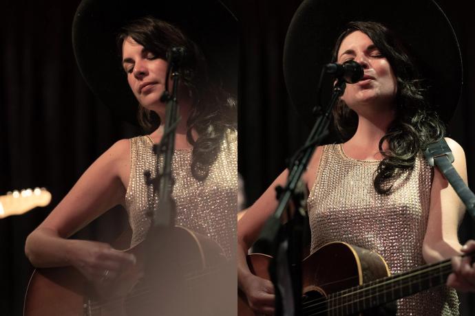 split screen two photos of Whitney playing on stage