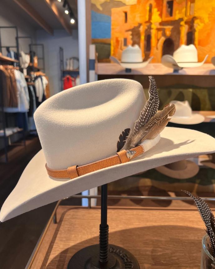 A cream-colored cowboy hat with a brown band and decorative feathers displayed on a stand in a store.