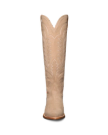Tan cowboy boot with intricate stitched patterns on a black background.