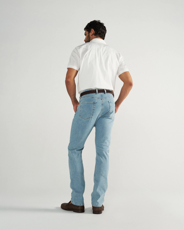 Back view of Men's Slim Stretch Denim - Light Stone Wash on model