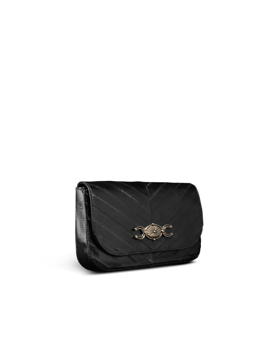 Quarterfront view of Eel Concho Clutch - Midnight on plain background