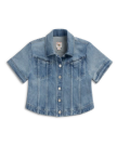 Top view of Women's Short Sleeve Denim Top - Light Wash on plain background