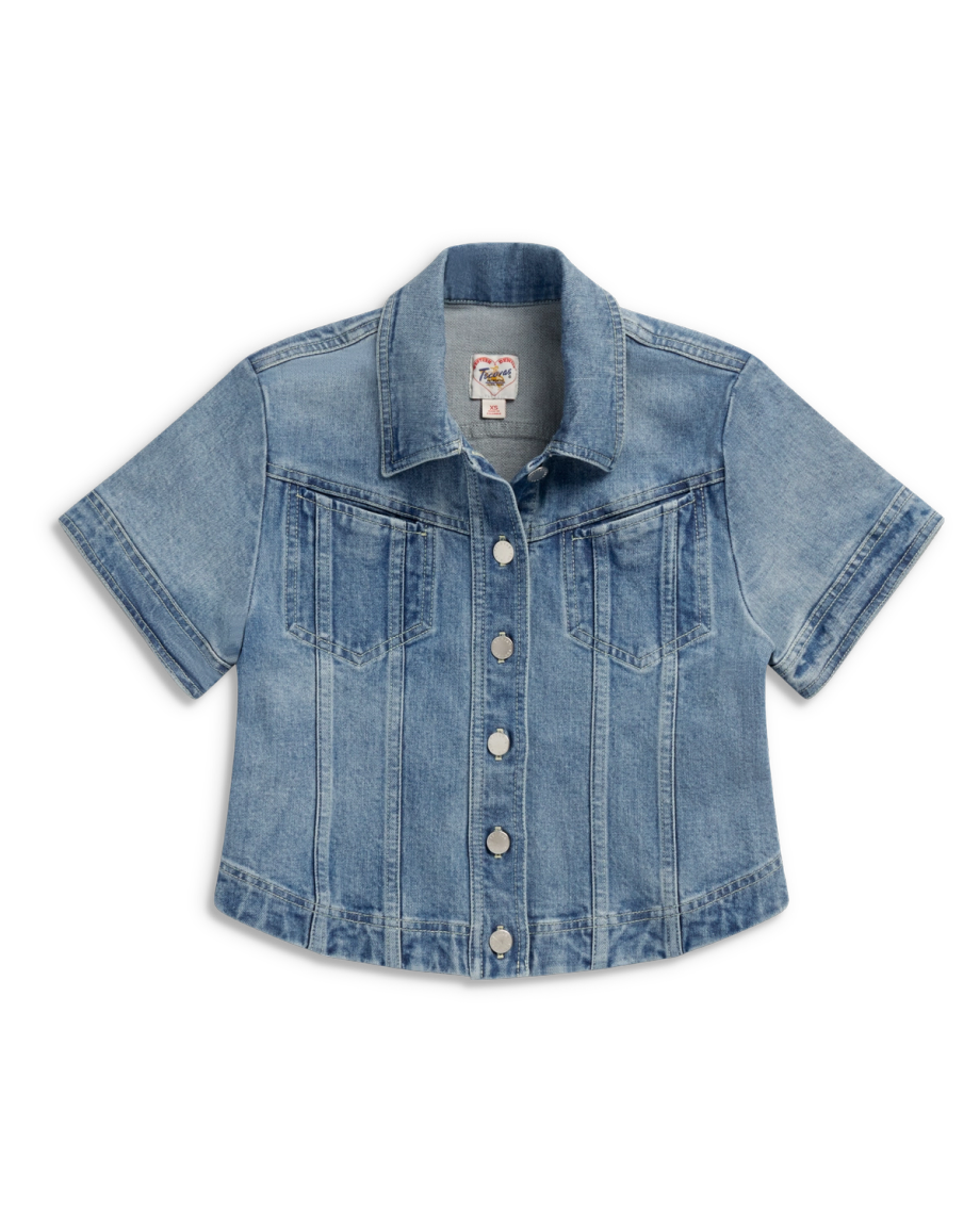 Top view of Women's Short Sleeve Denim Top - Light Wash on plain background